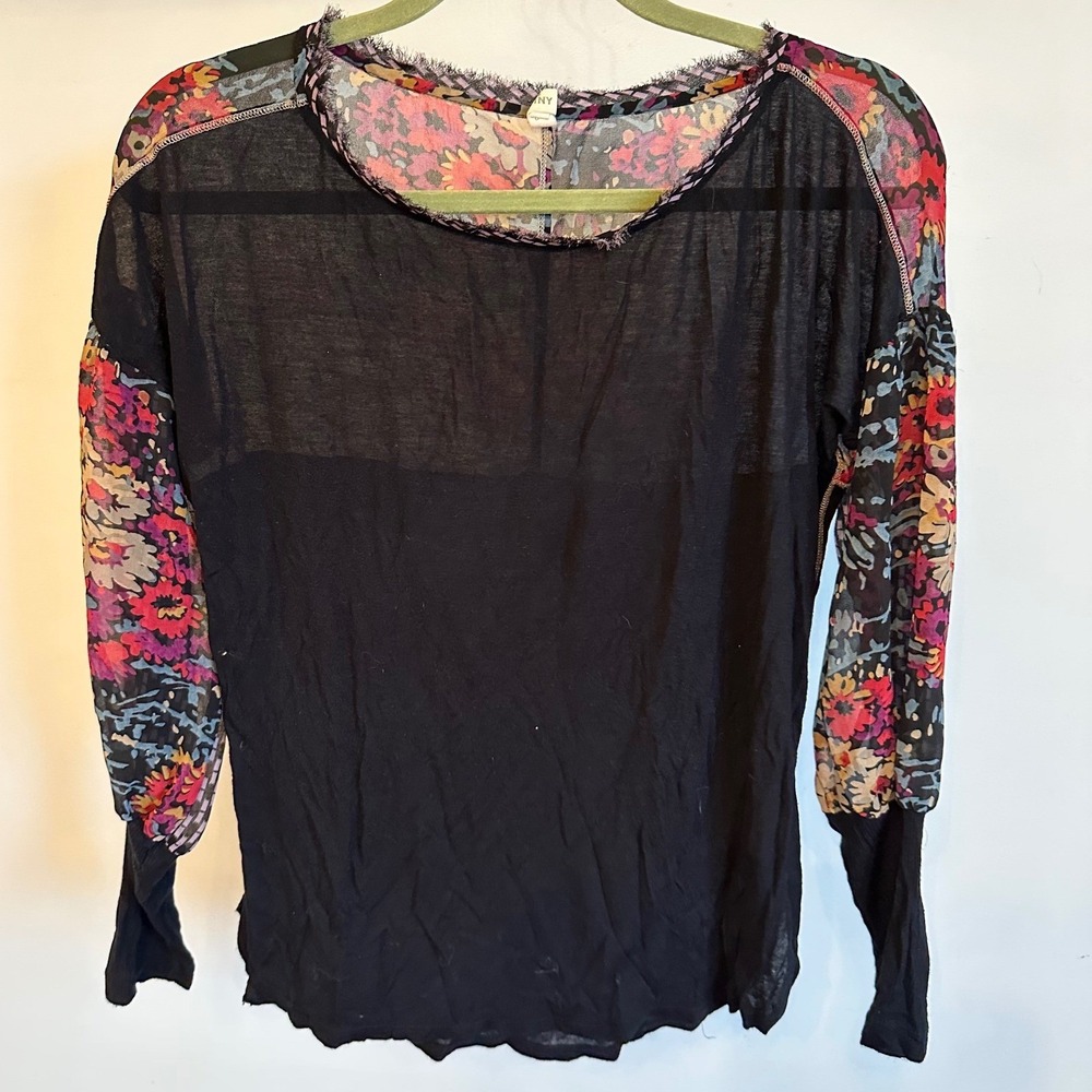Tiny Anthropologie Mixed Print Floral Mesh Long Sleeve Boho Top Black Small